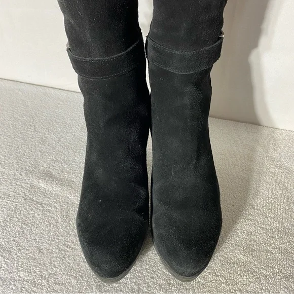Vintage 90s C La Canadienne Black Suede Round Toe Chunky Heel Knee High Boots 10 - Picture 2 of 14